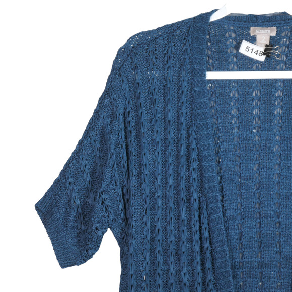Chicos Cardigan Sweater Womens Size 2 Large Blue Tunic Open Short Sleeve - Picture 3 of 6
